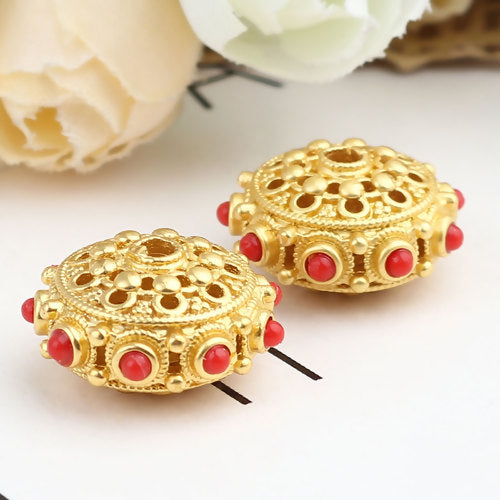 2 Gold Saucer Beads, filigree with red accents, 21mm, bme0722