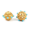 2 Gold Round Saucer Beads, filigree with turquoise blue enamel, 18mm, bme0718