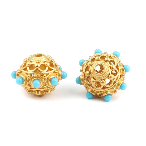2 Gold Round Saucer Beads, filigree with turquoise blue enamel, 18mm, bme0718