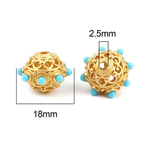 2 Gold Round Saucer Beads, filigree with turquoise blue enamel, 18mm, bme0718