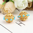 2 Gold Round Saucer Beads, filigree with turquoise blue enamel, 18mm, bme0718