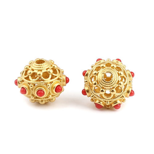 2 Gold Round Saucer Beads, filigree with red enamel, 18mm, bme0719