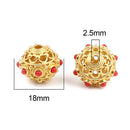2 Gold Round Saucer Beads, filigree with red enamel, 18mm, bme0719