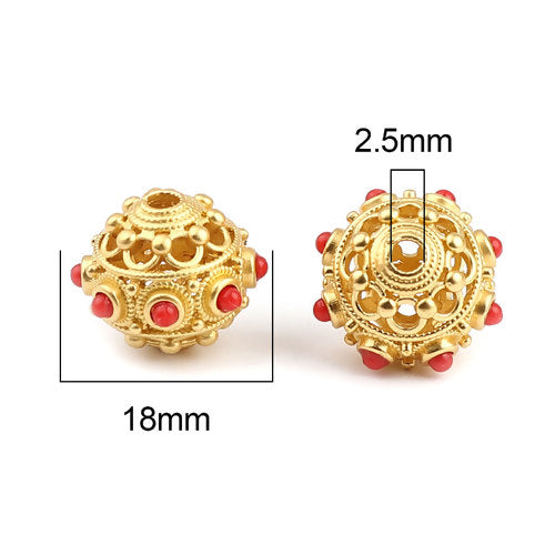 2 Gold Round Saucer Beads, filigree with red enamel, 18mm, bme0719