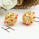 2 Gold Round Saucer Beads, filigree with red enamel, 18mm, bme0719