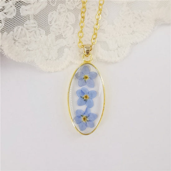 Blue Pressed Flower Necklace, gold plated, 18", jlr0300