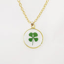 Green 4-Leaf Clover Pressed Flower Necklace, gold plated, 18", jlr0297