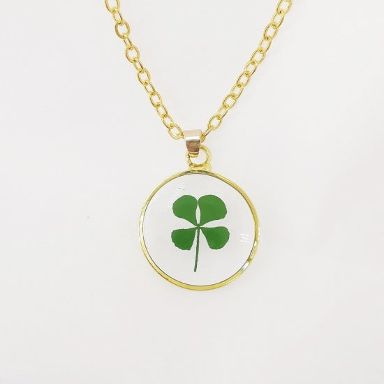 Green 4-Leaf Clover Pressed Flower Necklace, gold plated, 18", jlr0297