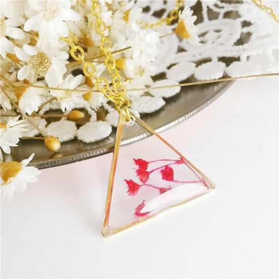 Pink Pressed Flower Necklace, triangle, gold plated, 18", jlr0298