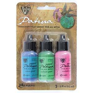 Set of 3 Patina for Metal, Vintaj Ranger, ABALONE PEARL, 1/2 oz. bottles in shades of pink, green, blue, pnt0186