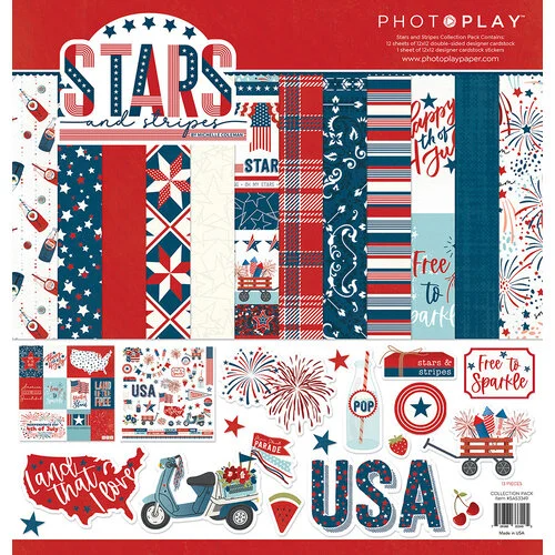 Star and Stripes Fourth of July 4th by PhotoPlay - 12x12" Pieces, Bright Paper Pack and Stickers for Scrapbooking, junk journaling pap0067