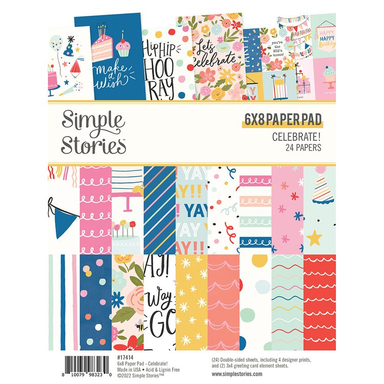 Paper Pad 6x8" Celebrate! Part Pack by Simple Stories - 24 Papers Bright Paper Pack for Scrapbooking, junk journaling pap0065