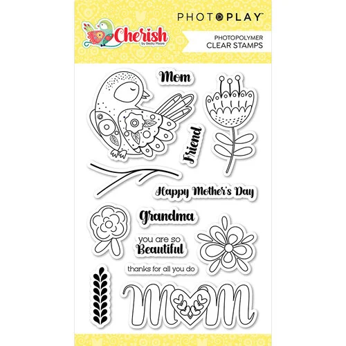 Cherish Stamps by PhotoPlay - 13 pc, Phrases, Cheerful Bird Flower Floral Photopolymer Clear Stamps for Scrapbooking, junk journaling pap0026