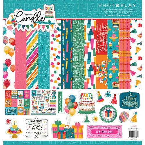 Add Another Candle COLLECTION KIT by PhotoPlay, 12x12" Birthday Celebration Paper, Bright Paper Sticker Pack for Scrapbooking, junk journaling pap0069