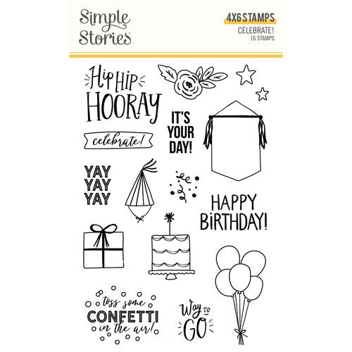Celebrate! Stamps by Simple Stories - 16 pc, Phrases, Party, Birthday, Graduation Photopolymer Clear Stamps for Scrapbooking, junk journaling pap0027