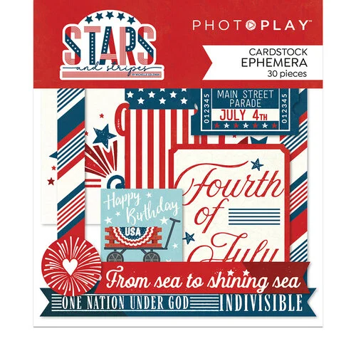 Stars And Stripes Ephemera by PhotoPlay - 30 Fourth of July Cardstock Pieces for Scrapbooking, junk journaling pap0023