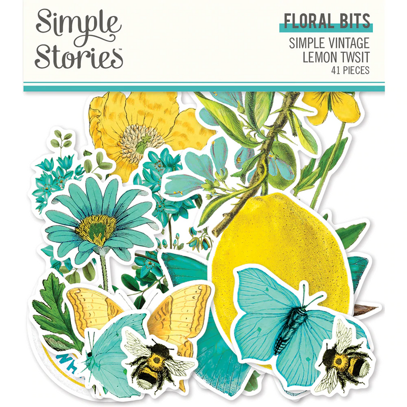 Simple Vintage Lemon Twist Floral Bits by Simple Stories - 41 Bright Vintage Cardstock Ephemera Pieces for Scrapbooking, junk journaling pap0029