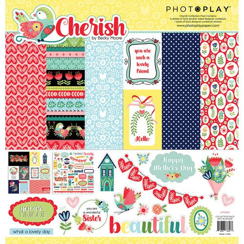 Cherish COLLECTION KIT by PhotoPlay - 12x12" Holiday Cute Thankful Paper, Bright Paper Pack and Stickers for Scrapbooking, junk journaling pap0070