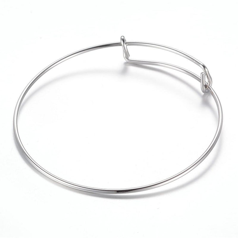10 Silver Stainless Steel Bangle Charm Bracelet, adjustable size expands to fit medium to large wrist, thick 14 gauge, fin0707
