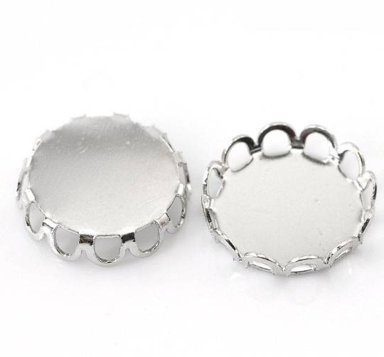 10 Silver Tone Metal Cabochon Bezels, filigree bezel tray setting frame, fits 14mm round cabochon, fin0926