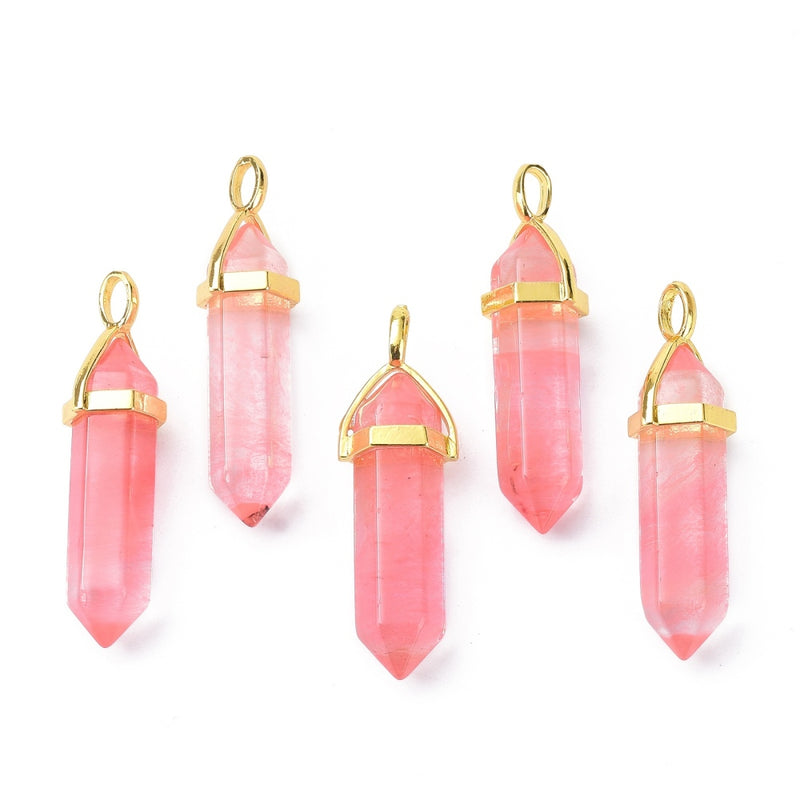 1 Cherry Quartz Charm, Gemstone Point Pendant, gold trim, 1.5", chs8112