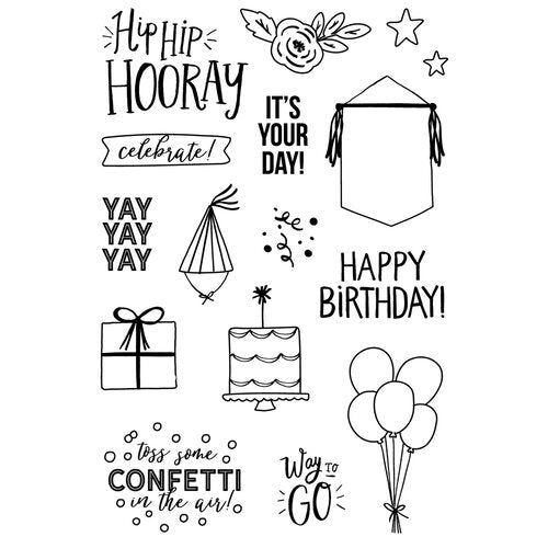 Celebrate! Stamps by Simple Stories - 16 pc, Phrases, Party, Birthday, Graduation Photopolymer Clear Stamps for Scrapbooking, junk journaling pap0027
