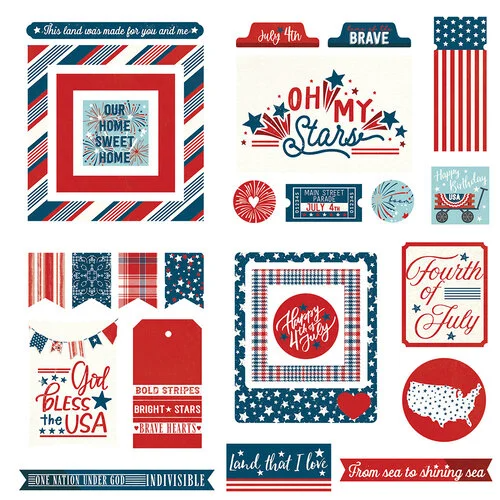 Stars And Stripes Ephemera by PhotoPlay - 30 Fourth of July Cardstock Pieces for Scrapbooking, junk journaling pap0023