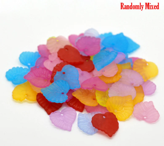 300 Small Frosted Acrylic LEAF Charm Beads . mixed colors . bac0109