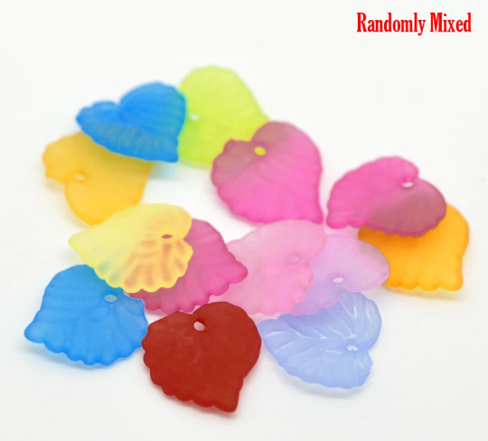 300 Small Frosted Acrylic LEAF Charm Beads . mixed colors . bac0109