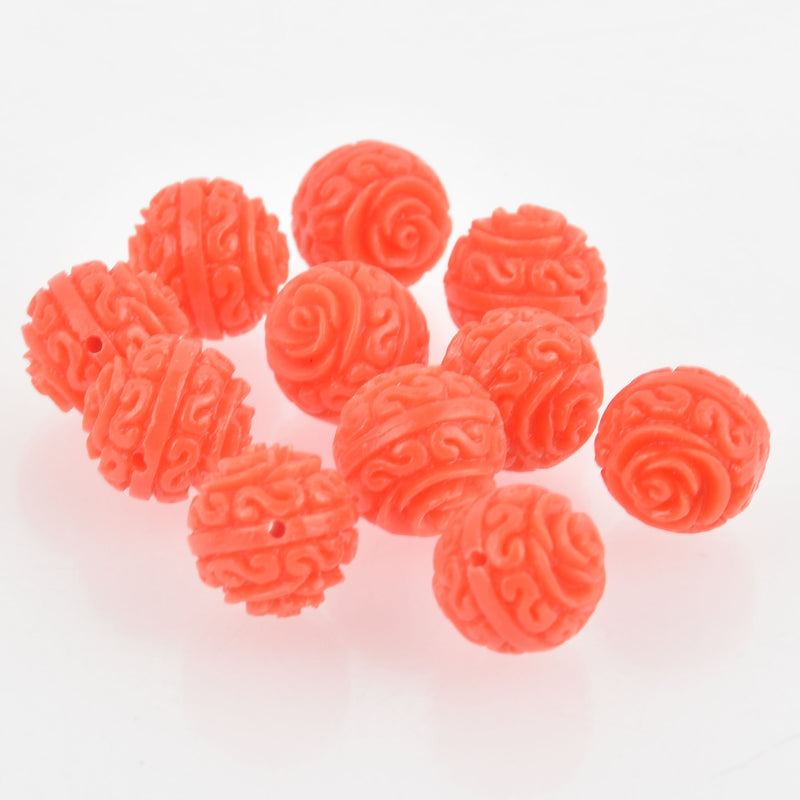 4 Carved Resin Flower Beads 14mm Dark Coral bac0378