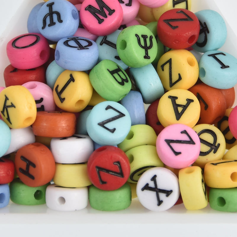 7mm Greek Letters Alphabet Coin Beads, Mixed Colors, x200 acrylic beads bac0390