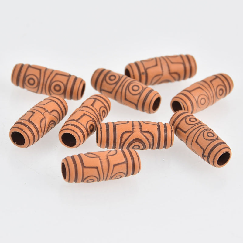 10 Tube Beads, Tribal Pattern, Dark Orange, 27mm, bac0392