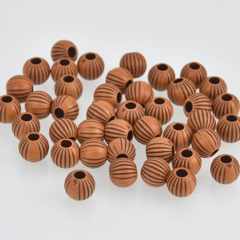20 Round Beads, Pumpkin Pattern, Dark Orange, 10mm, bac0393
