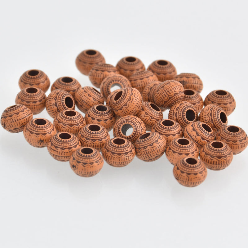 20 Round Saucer Beads, Tribal Pattern, Dark Orange Rondelle, 10mm, bac0395