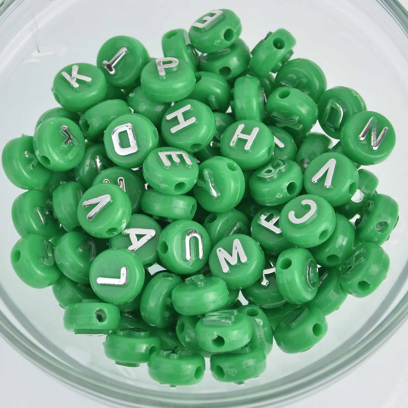 10mm Alphabet Coin Beads, Green with Raised Silver Letters, x100 acrylic beads bac0399
