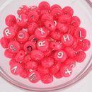 10mm Alphabet Coin Beads, Coral Pink with Raised Silver Letters, x100 acrylic beads bac0418