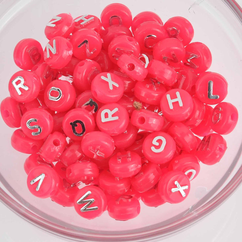 10mm Alphabet Coin Beads, Coral Pink with Raised Silver Letters, x100 acrylic beads bac0418