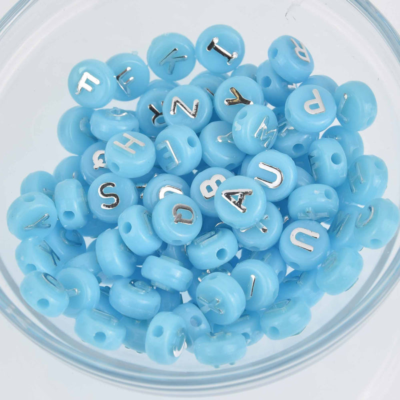 10mm Alphabet Coin Beads, Turquoise Blue with Raised Silver Letters, x100 acrylic beads bac0419