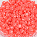 7mm Alphabet Coin Beads, Coral with White Letters, x500 acrylic beads bac0422