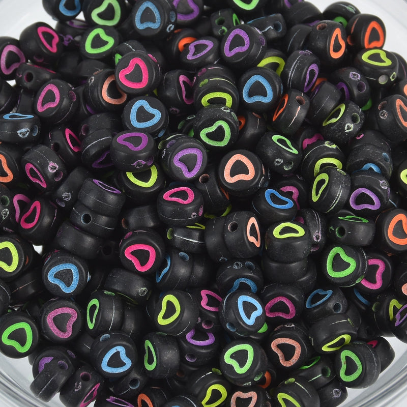 7mm Heart Coin Beads, Black with Neon Letters, x500 acrylic beads bac0430