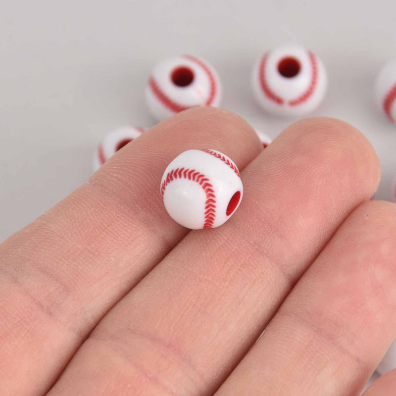 12mm BASEBALL Round Acrylic Beads . bubblegum beads, x25 beads, bac0432