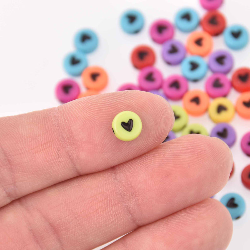7mm Heart Beads, Multicolor Beads with Black Hearts, x50 acrylic beads bac0436