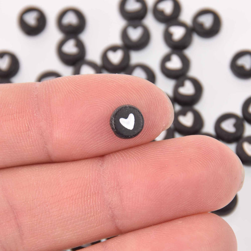 7mm Heart Beads, Black with White Hearts, x50 acrylic beads bac0437