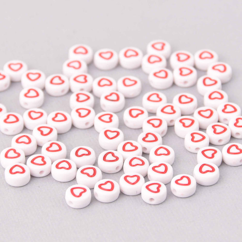 7mm Heart Beads, White with Red Heart, x50 acrylic beads bac0439