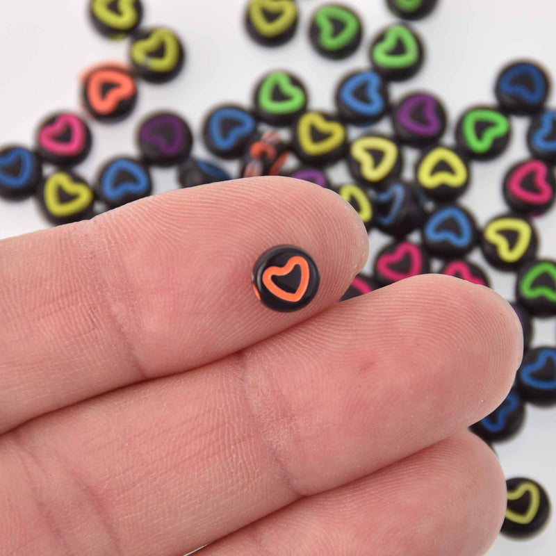 7mm Heart Beads, Black with Colored Hearts, x50 acrylic beads bac0440