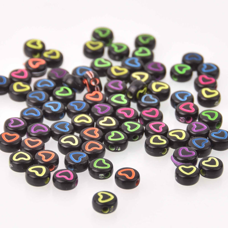 7mm Heart Beads, Black with Colored Hearts, x50 acrylic beads bac0440