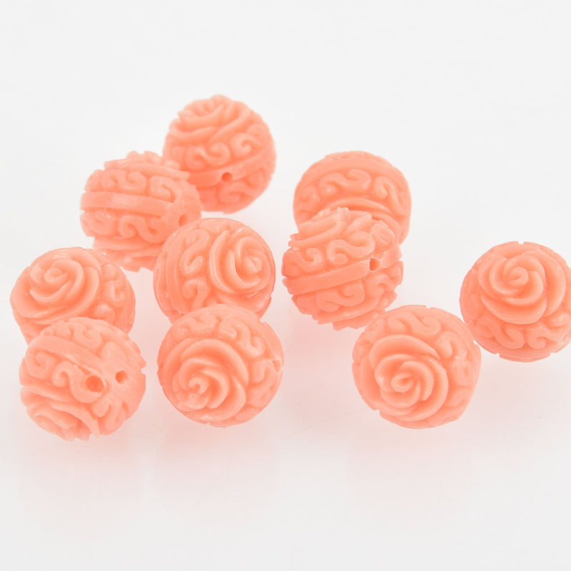 4 Carved Resin Flower Beads 14mm Light Coral bac0373