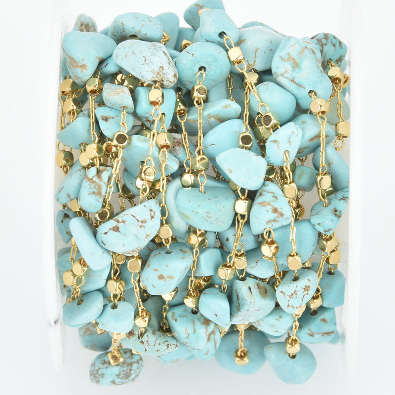 1 yard TURQUOISE Rosary Chain, gold links, gemstone chips beads, fch1064a
