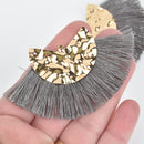 2 Fan Tassel Charms GRAY Fringe with Hammered Gold Wedge 3" wide chs5406