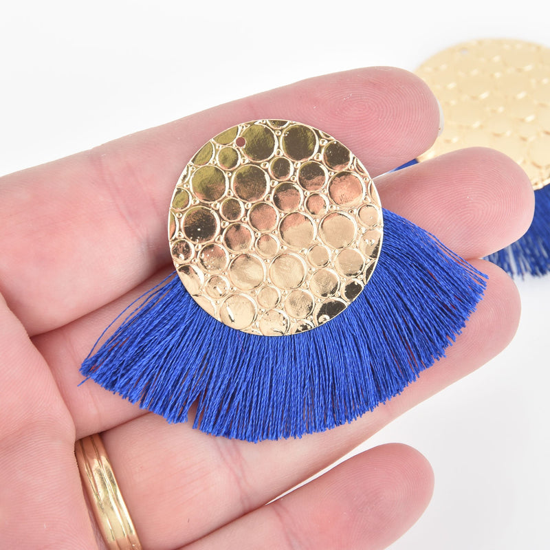 2 Fan Tassel Charms ROYAL BLUE Fringe with Pebble Gold Circle 2.75" wide chs5458
